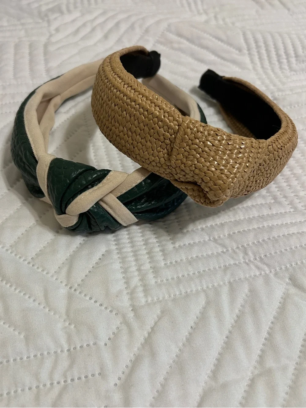 Woven Tan Padded Headband & Green Knotted Accent Headband Set